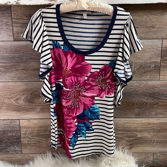 Moa Moa Flutter Sleeve Striped Sequin Blouse, Size Small, Navy Blue & Floral - Picture 1 of 6